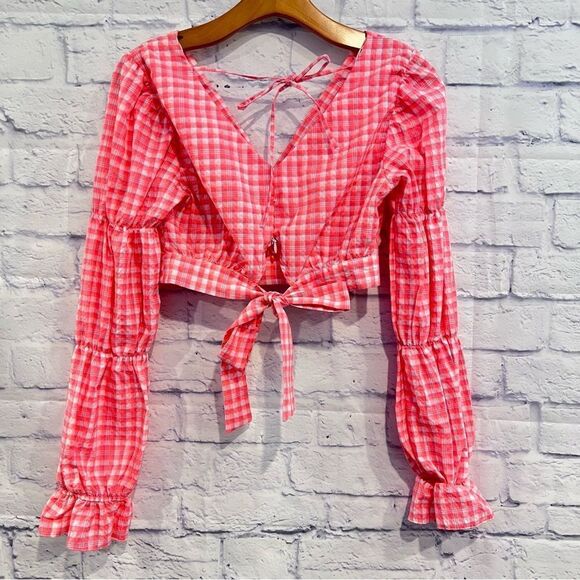 Topshop Pink & White Gingham Long Sleeve Crop‎ Top - Picture 3 of 8